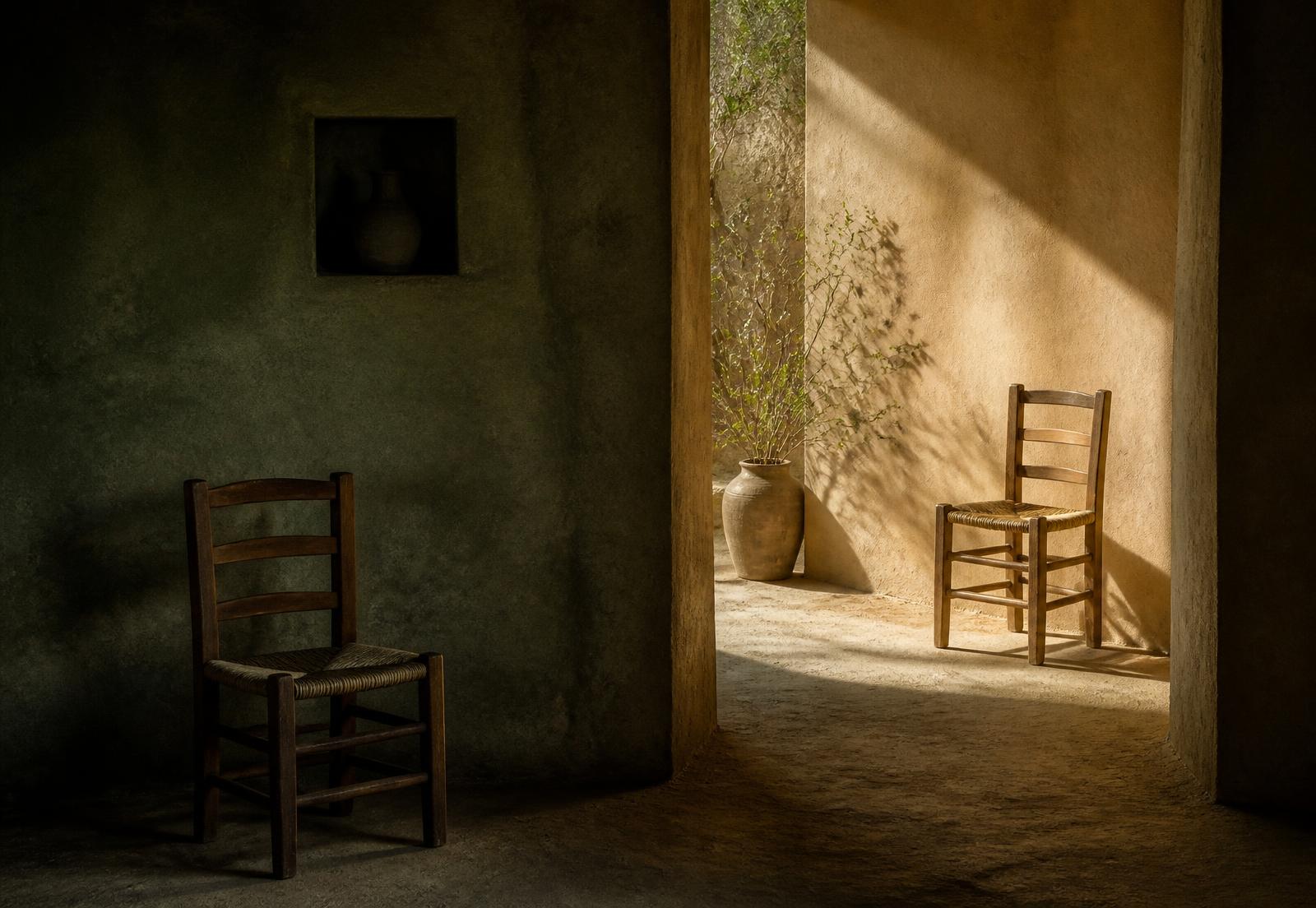 Golden morning light through an open doorway into a quiet room with two chairs